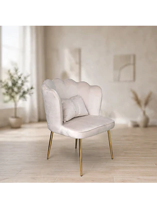 Sitial de Terciopelo Acolchado Color Beige con Patas Doradas Shell Élite Cream