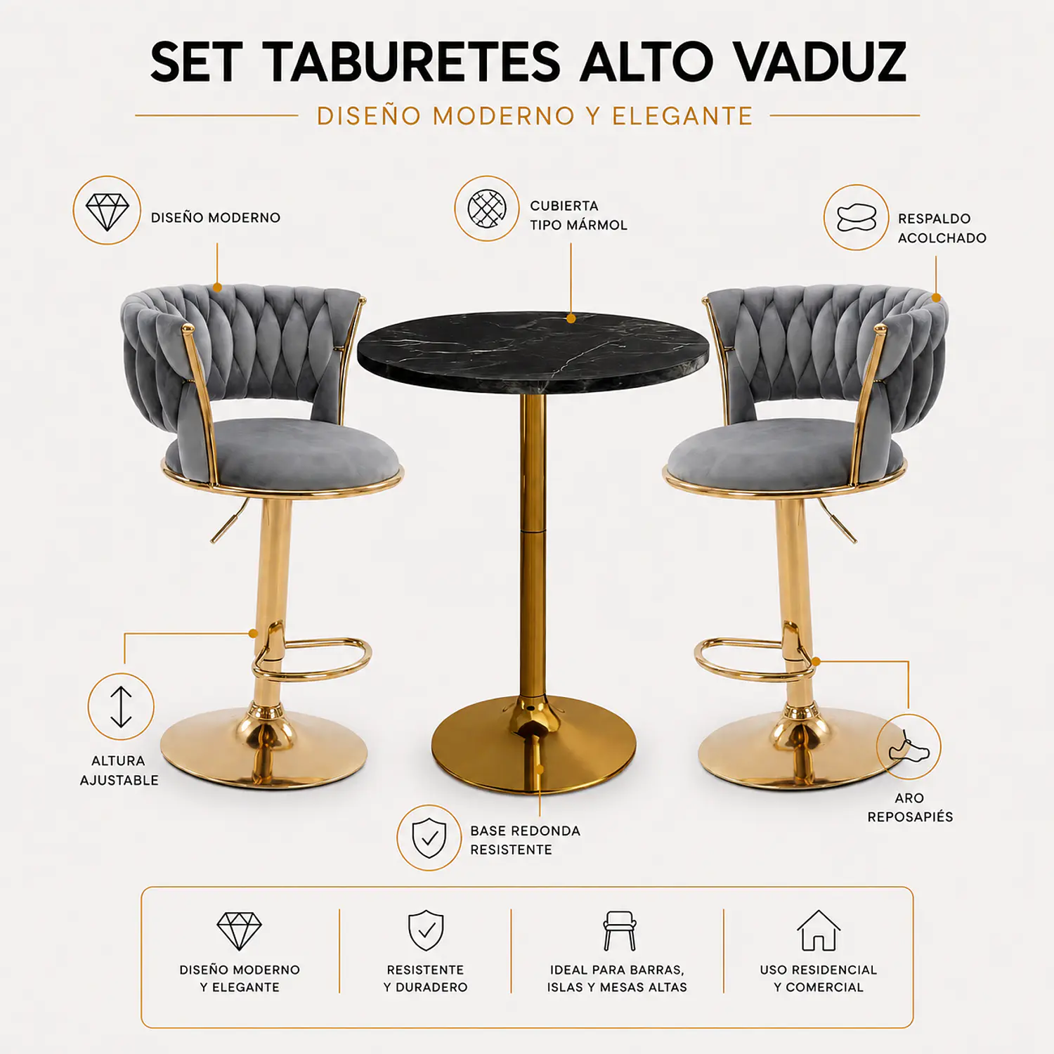Set de Mesa de Bar Negra en MDF Efecto Mármol y 2 Taburetes Felpa Dorados Ajustables 3