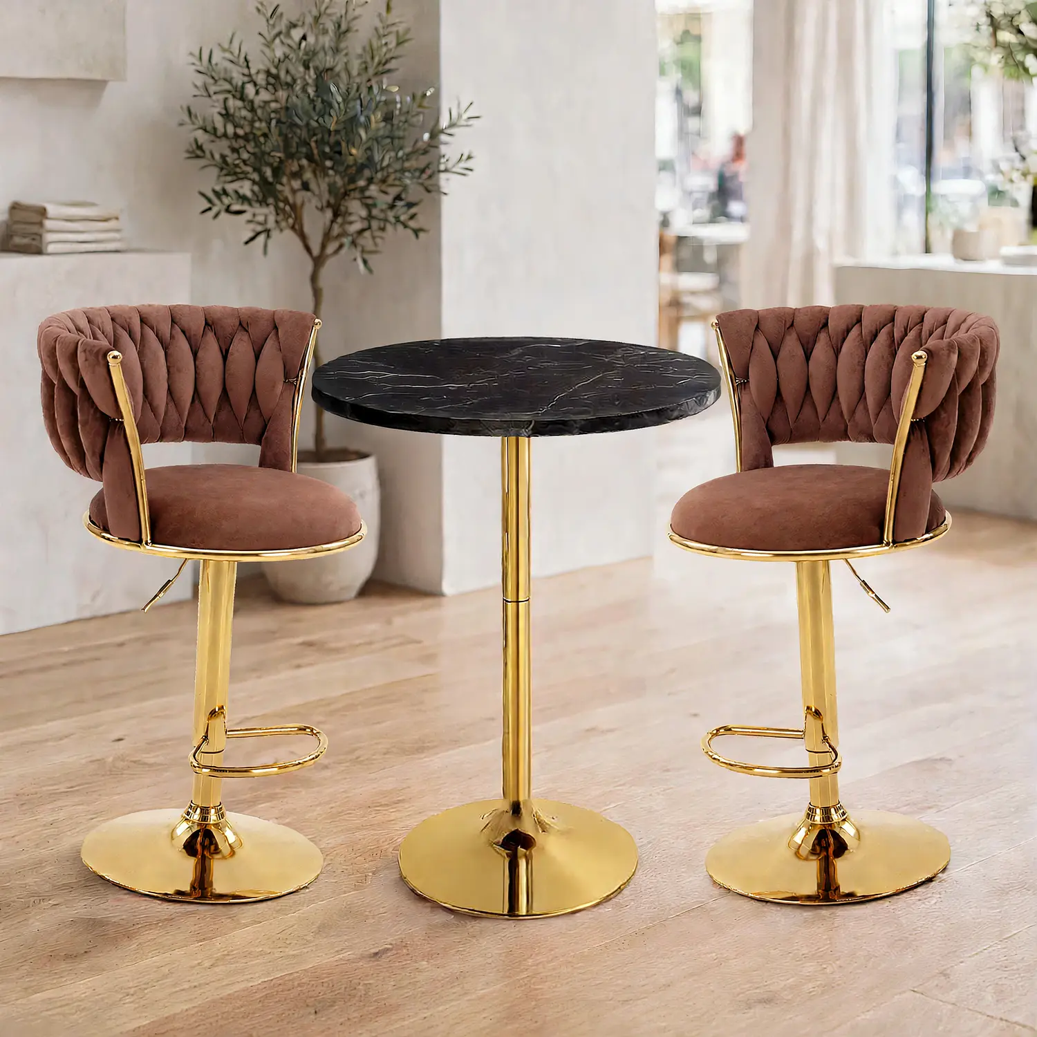 Set de Mesa de Bar Negra en MDF Efecto Mármol y 2 Taburetes Felpa Dorados Ajustables 8