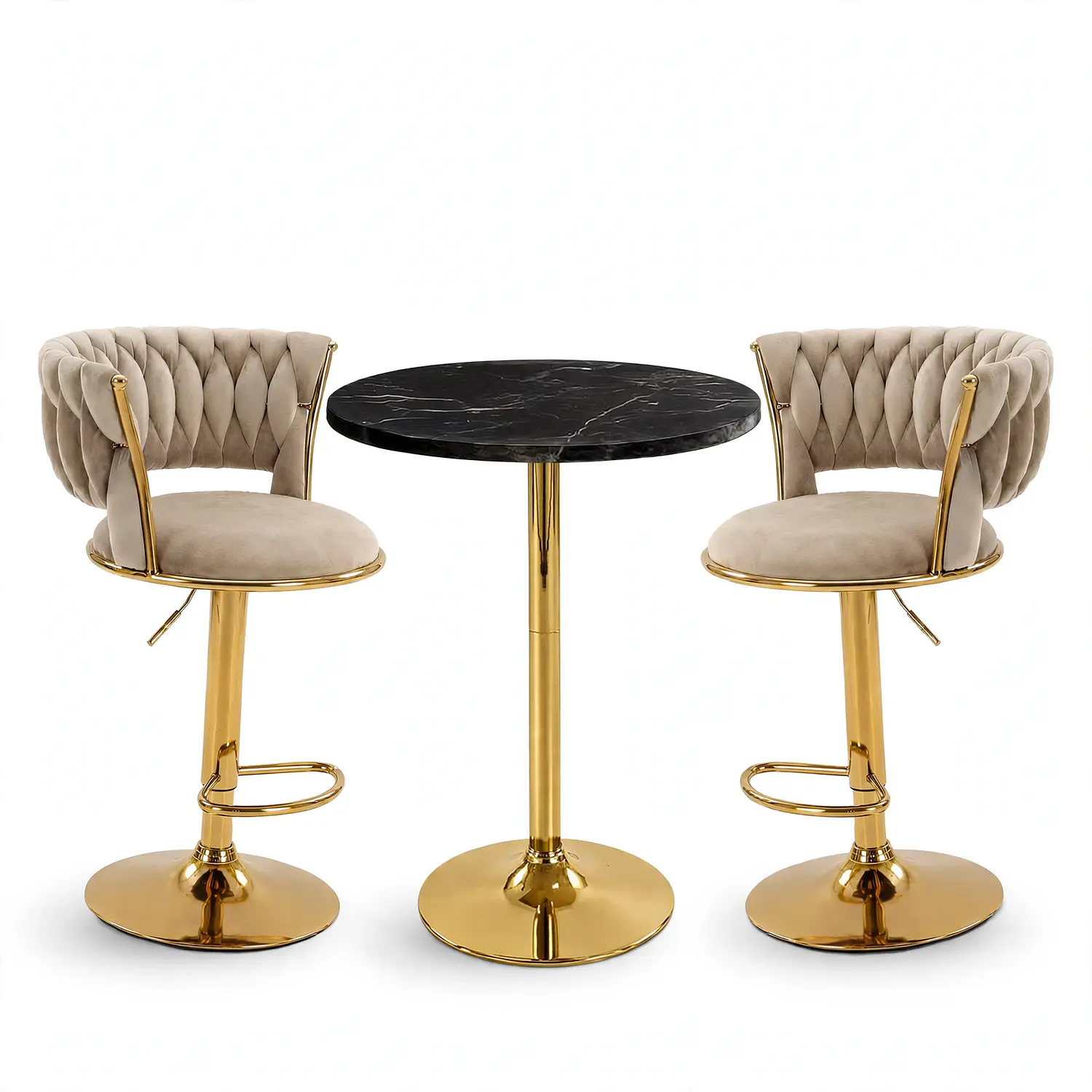 Set de Mesa de Bar Negra en MDF Efecto Mármol y 2 Taburetes Felpa Dorados Ajustables 6