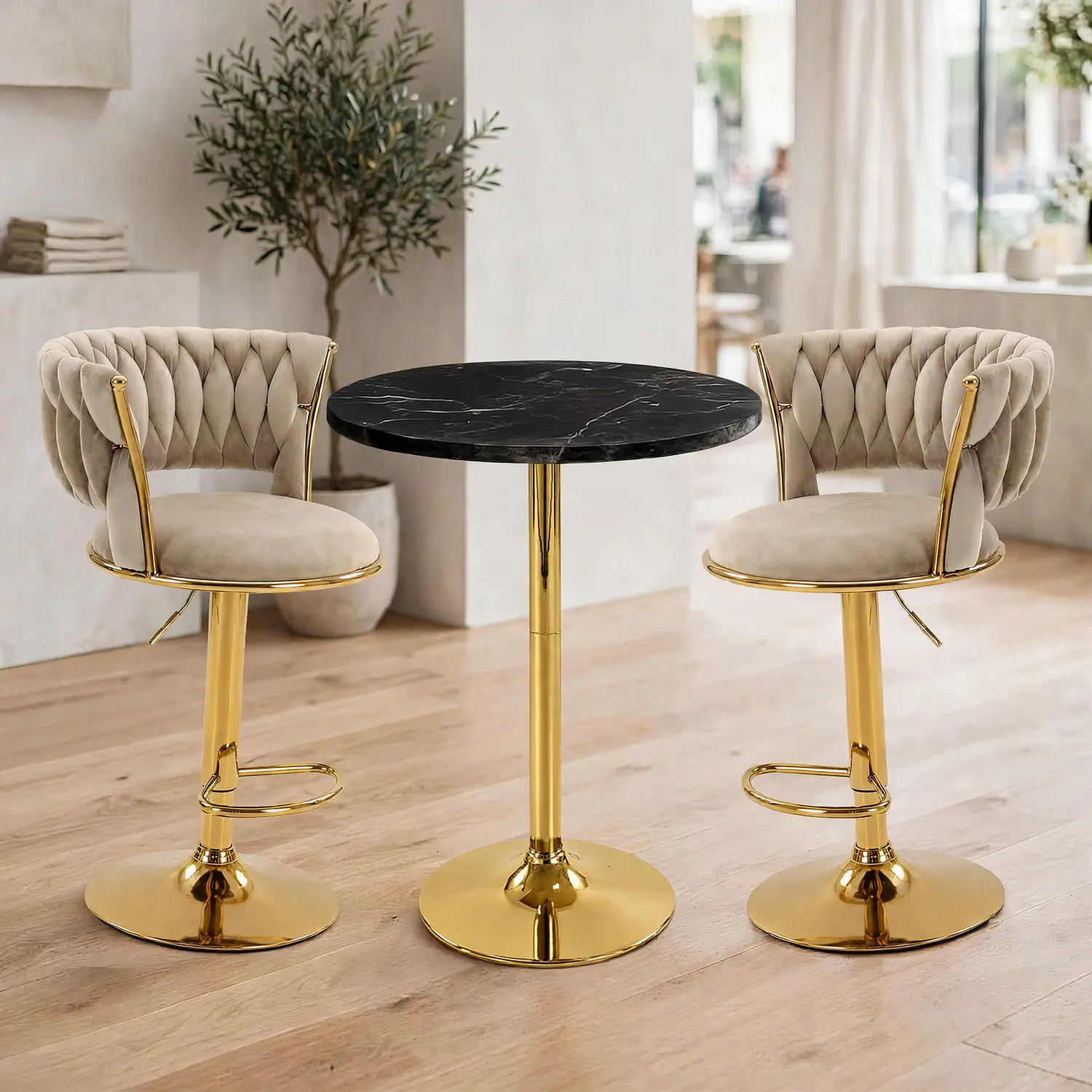 Set de Mesa de Bar Negra en MDF Efecto Mármol y 2 Taburetes Felpa Dorados Ajustables 5