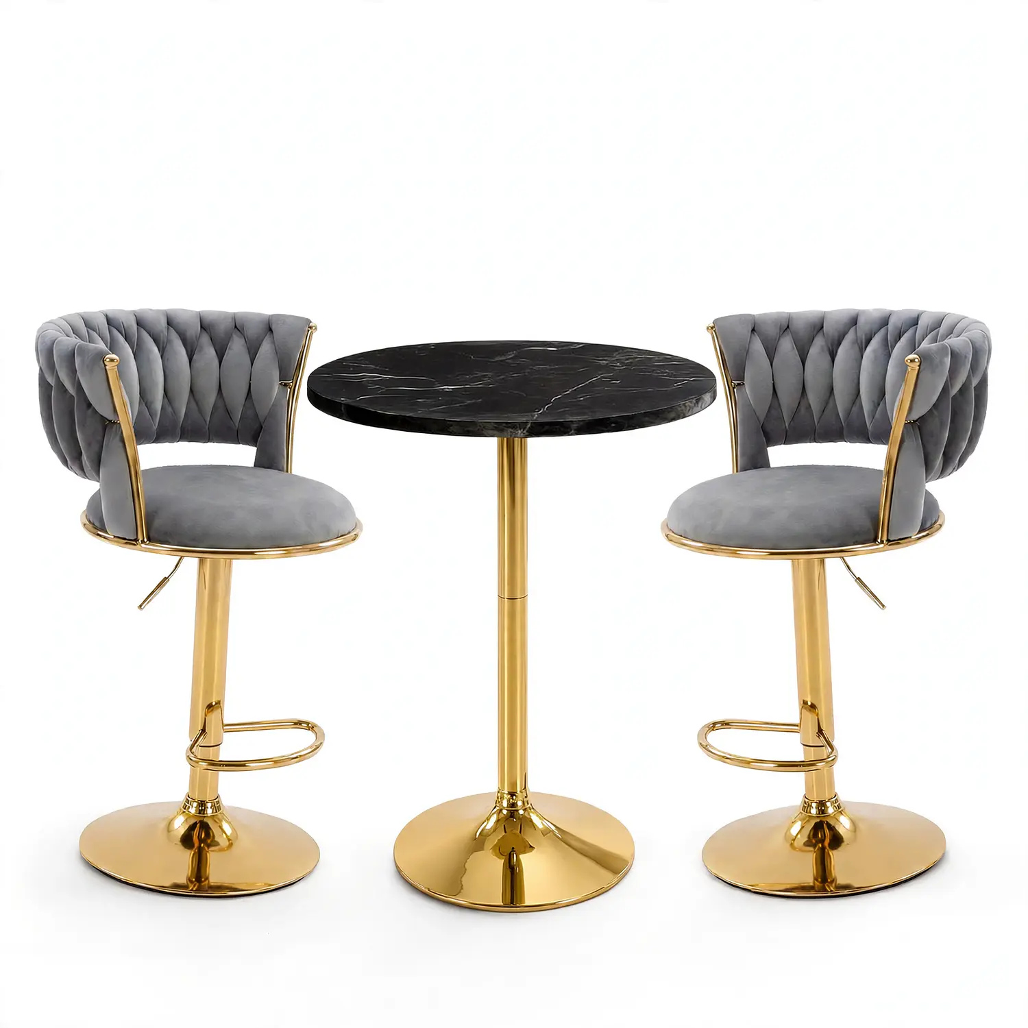 Set de Mesa de Bar Negra en MDF Efecto Mármol y 2 Taburetes Felpa Dorados Ajustables 2