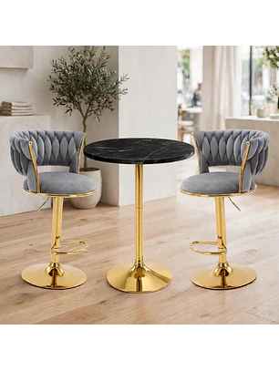 Set de Mesa de Bar Negra en MDF Efecto Mármol y 2 Taburetes Felpa Dorados Ajustables