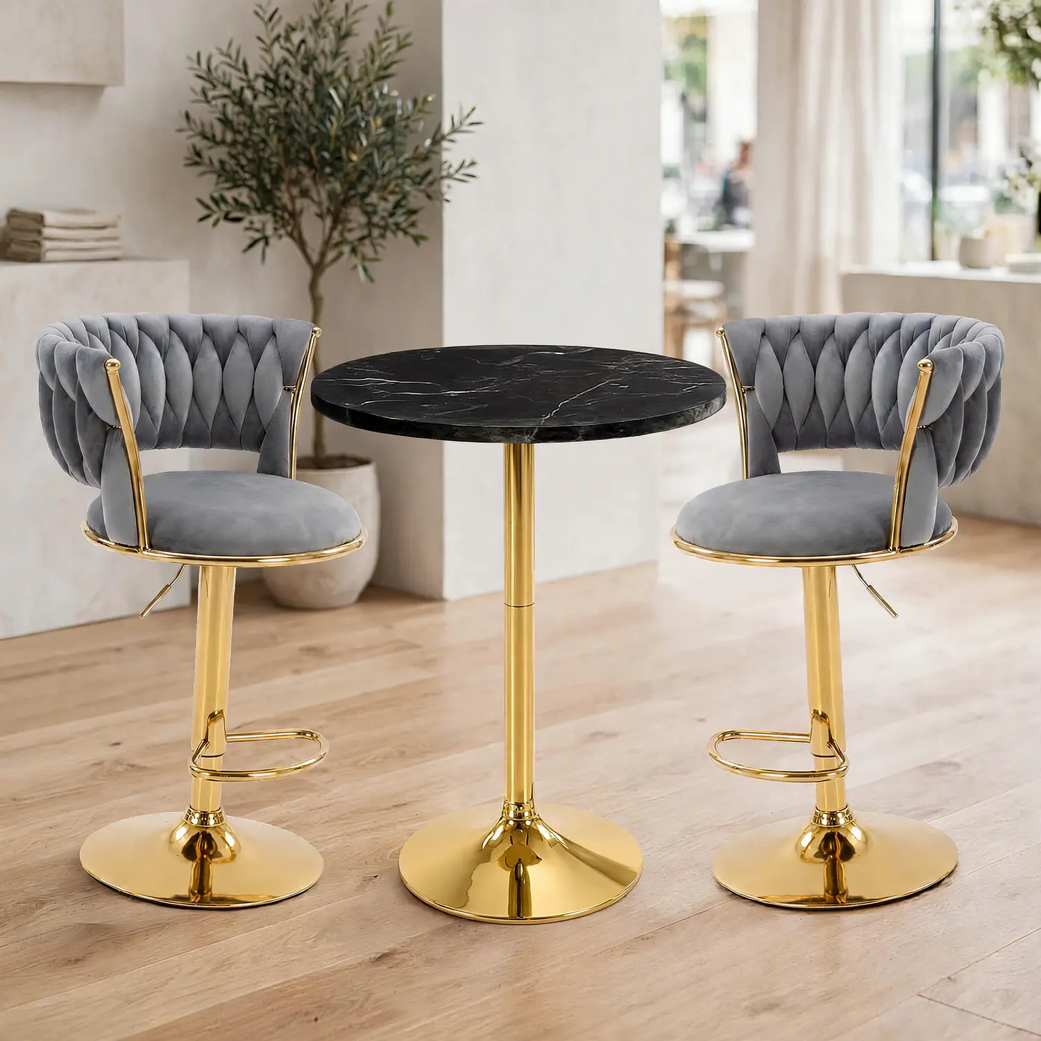 Set de Mesa de Bar Negra en MDF Efecto Mármol y 2 Taburetes Felpa Dorados Ajustables 1