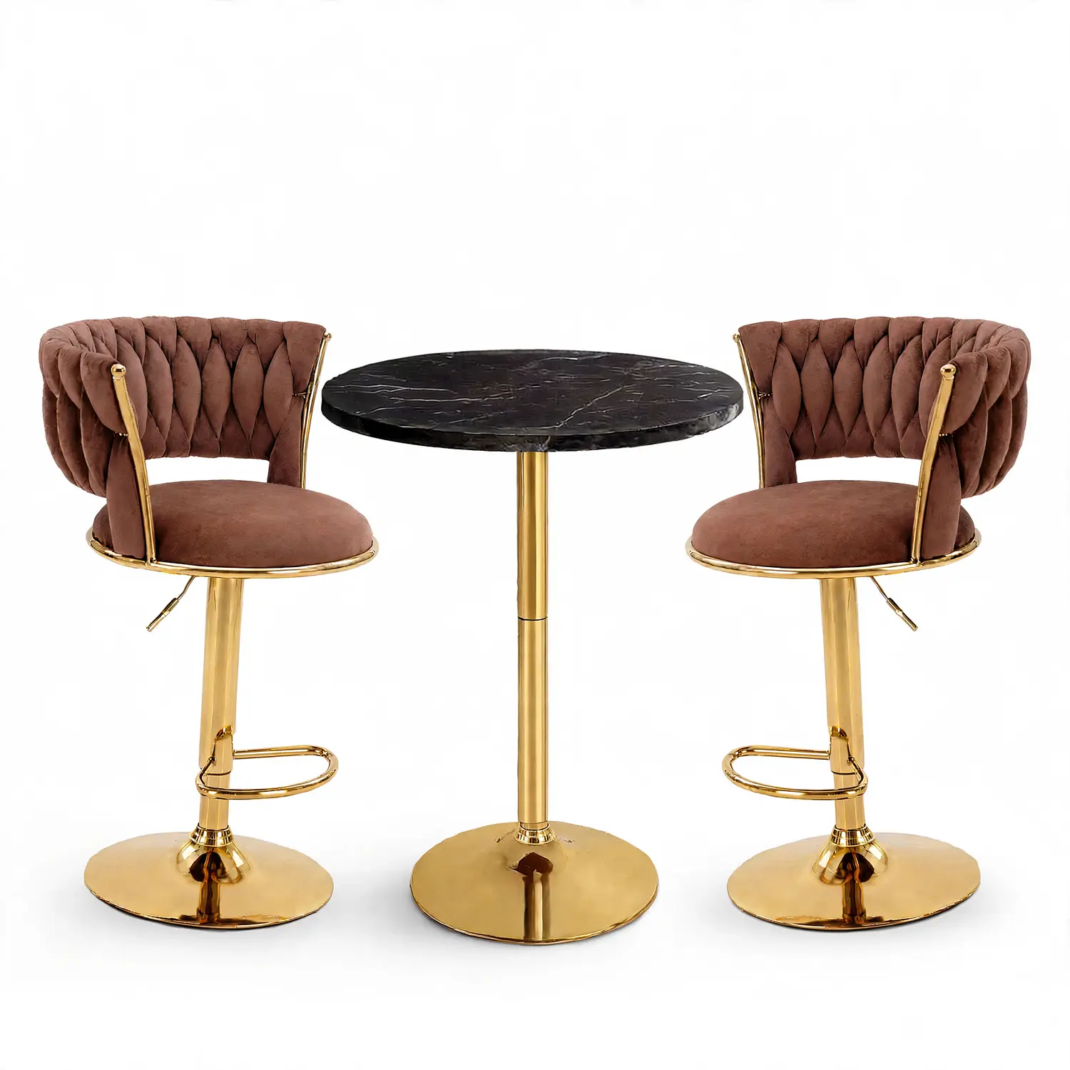 Set de Mesa de Bar Negra en MDF Efecto Mármol y 2 Taburetes Felpa Dorados Ajustables 9