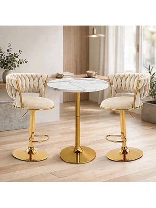 Set Mesa de Bar Efecto Mármol Blanco MDF y 2 Taburetes Felpa Ajustables Dorados