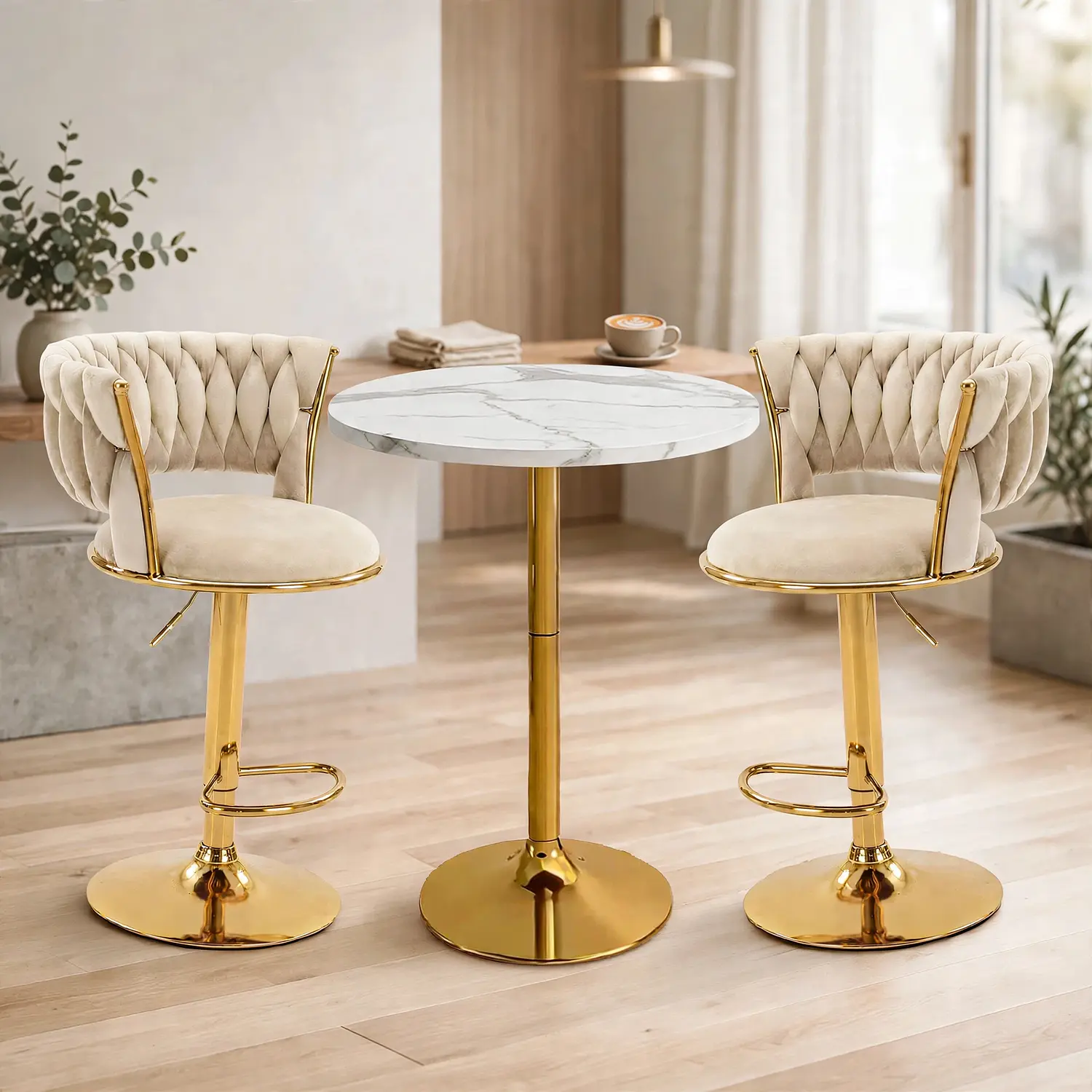 Set Mesa de Bar Efecto Mármol Blanco MDF y 2 Taburetes Felpa Ajustables Dorados 1