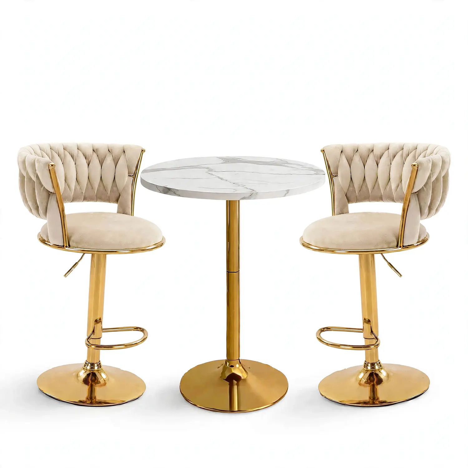 Set Mesa de Bar Efecto Mármol Blanco MDF y 2 Taburetes Felpa Ajustables Dorados 2