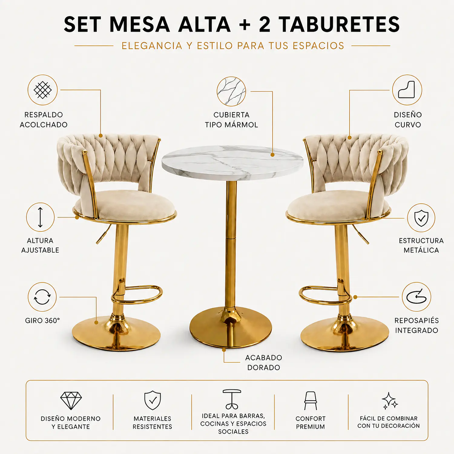 Set Mesa de Bar Efecto Mármol Blanco MDF y 2 Taburetes Felpa Ajustables Dorados 3