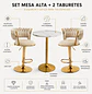 Set Mesa de Bar Efecto Mármol Blanco MDF y 2 Taburetes Felpa Ajustables Dorados - Miniatura 3