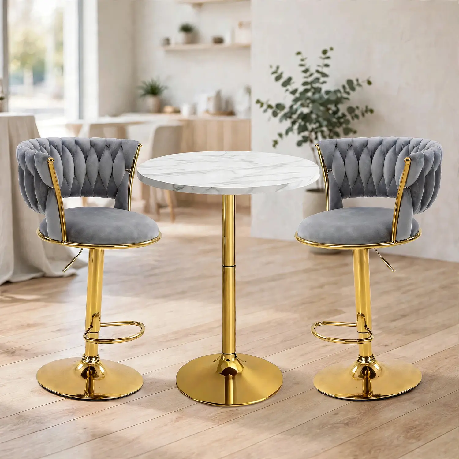 Set Mesa de Bar Efecto Mármol Blanco MDF y 2 Taburetes Felpa Ajustables Dorados 4