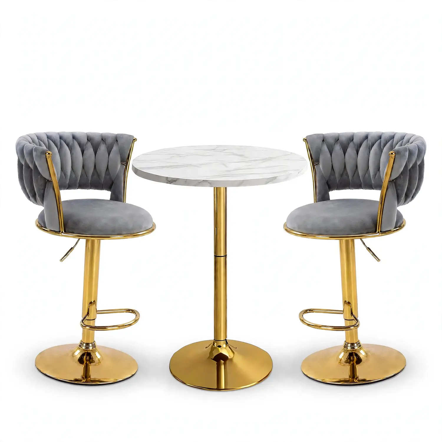 Set Mesa de Bar Efecto Mármol Blanco MDF y 2 Taburetes Felpa Ajustables Dorados 5