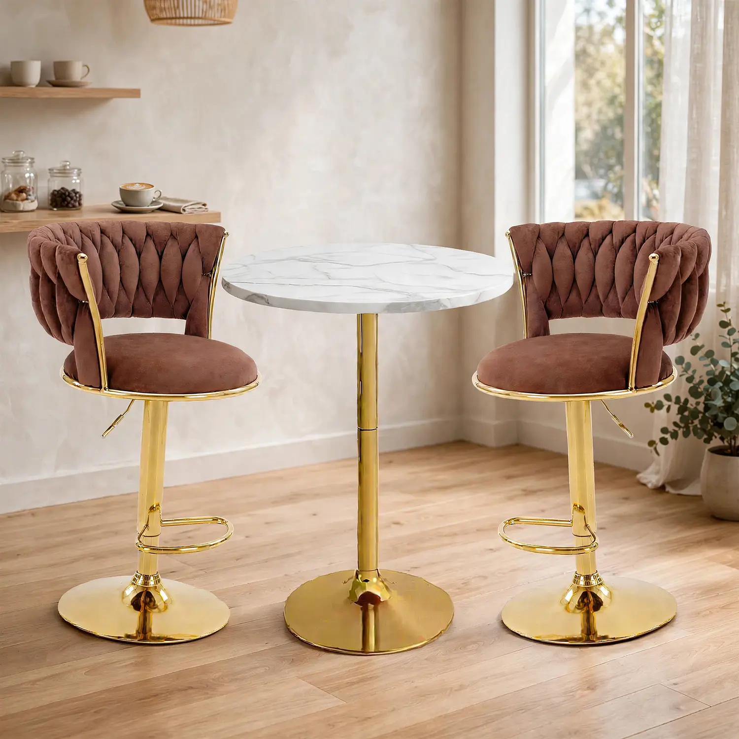 Set Mesa de Bar Efecto Mármol Blanco MDF y 2 Taburetes Felpa Ajustables Dorados 6
