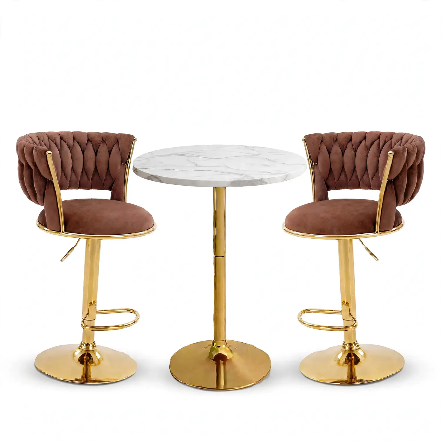 Set Mesa de Bar Efecto Mármol Blanco MDF y 2 Taburetes Felpa Ajustables Dorados 7
