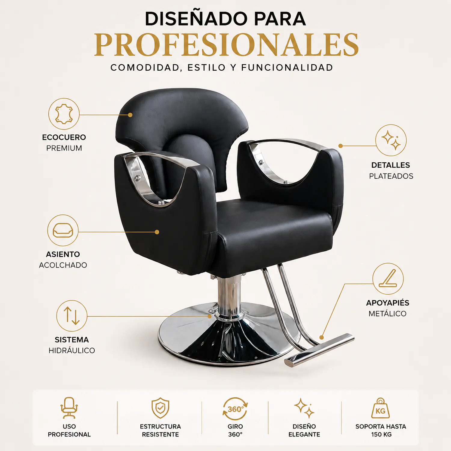 Sillón Barbería Sevilla Profesional Hidráulico Negro y Cromado Ecocuero 2
