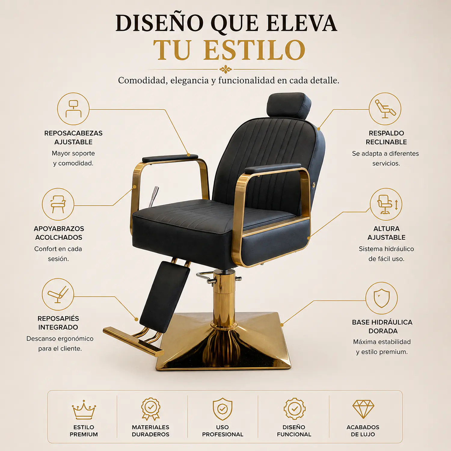 Sillón Peluquería Madrid Gold Negro Reclinable Profesional 2