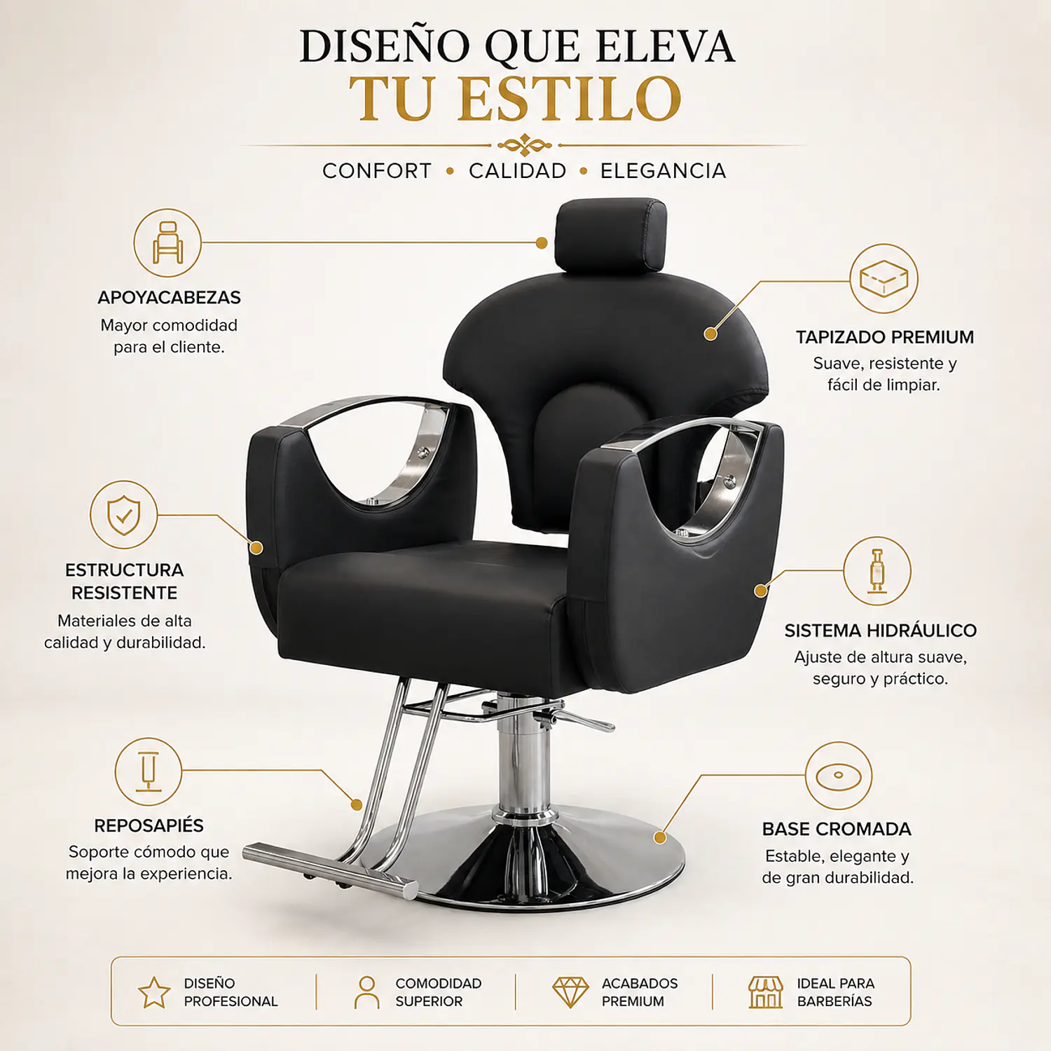 Sillón de Barbería Roma Profesional Hidráulico Negro 2