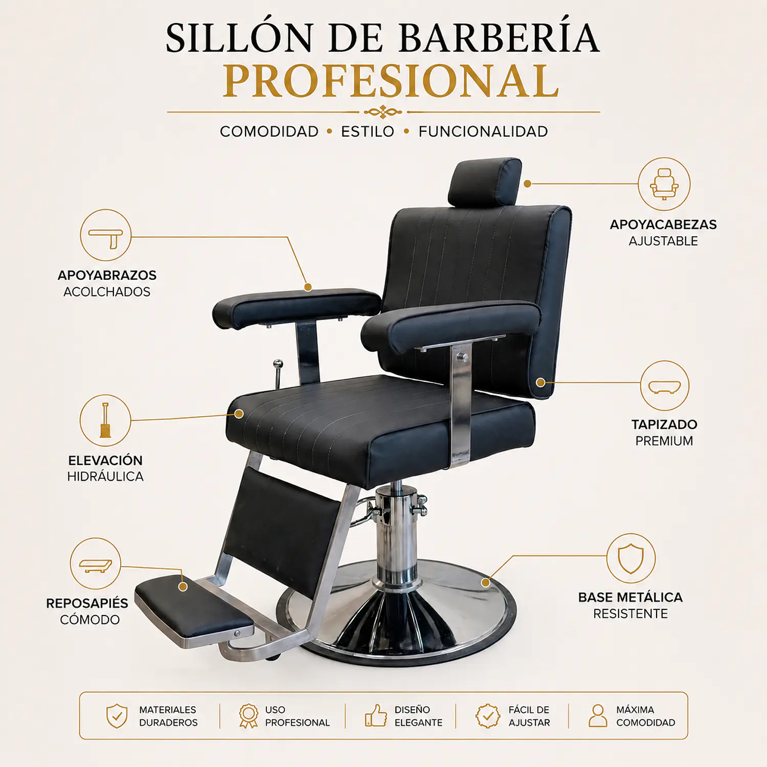 Sillón Barbería Profesional Reclinable Negro Sevilla 2