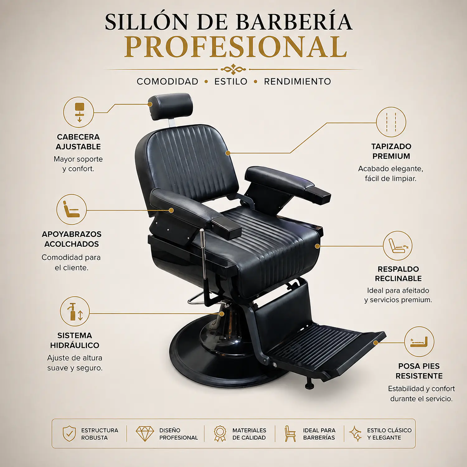 Sillón Barbería Negro Profesional Hidráulico Reclinable 2