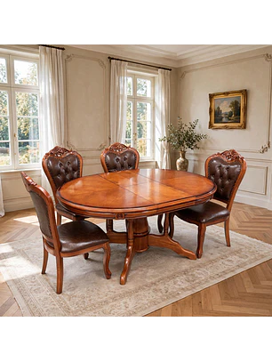 Comedor Ovalado Retráctil y 4 Sillas Madera Roble Americano