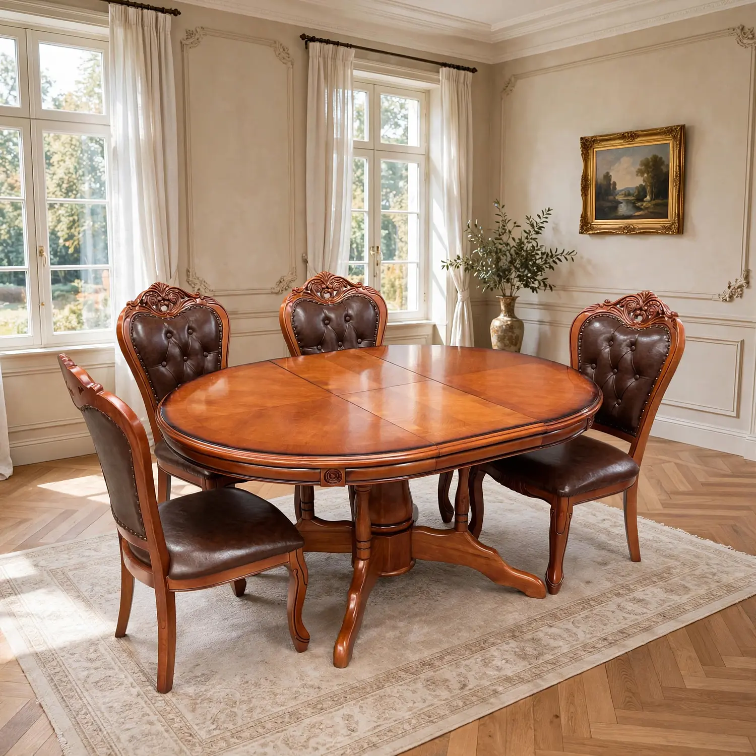 Comedor Ovalado Retráctil y 4 Sillas Madera Roble Americano 1