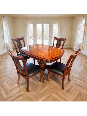 Comedor Extensible Ovalado Royal y 4 Sillas de Madera Roble Americano