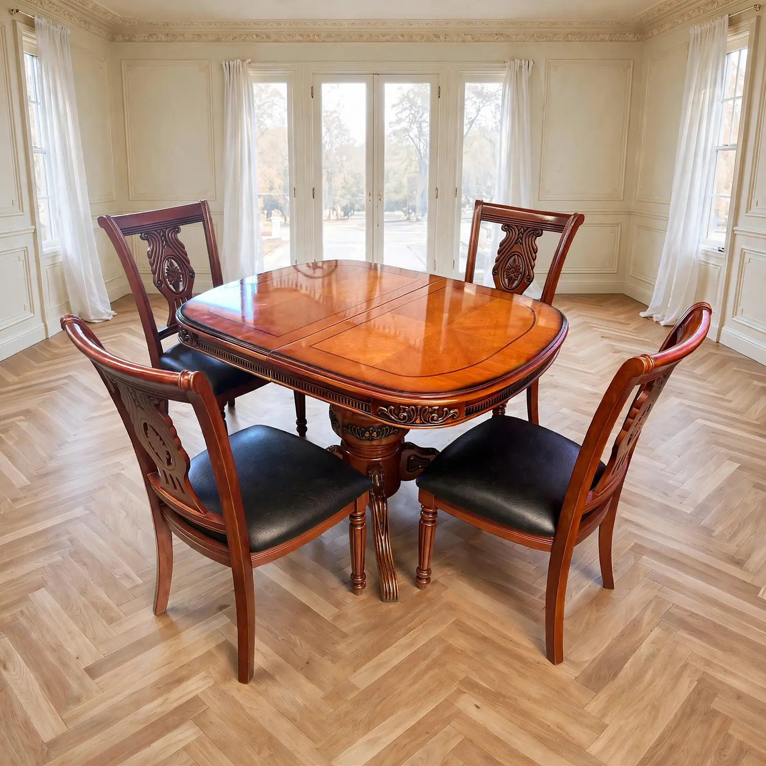 Comedor Extensible Ovalado Royal y 4 Sillas de Madera Roble Americano 4