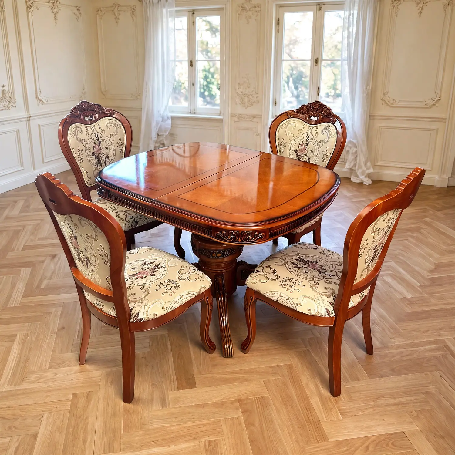 Comedor Extensible Ovalado Royal y 4 Sillas de Madera Roble Americano 13