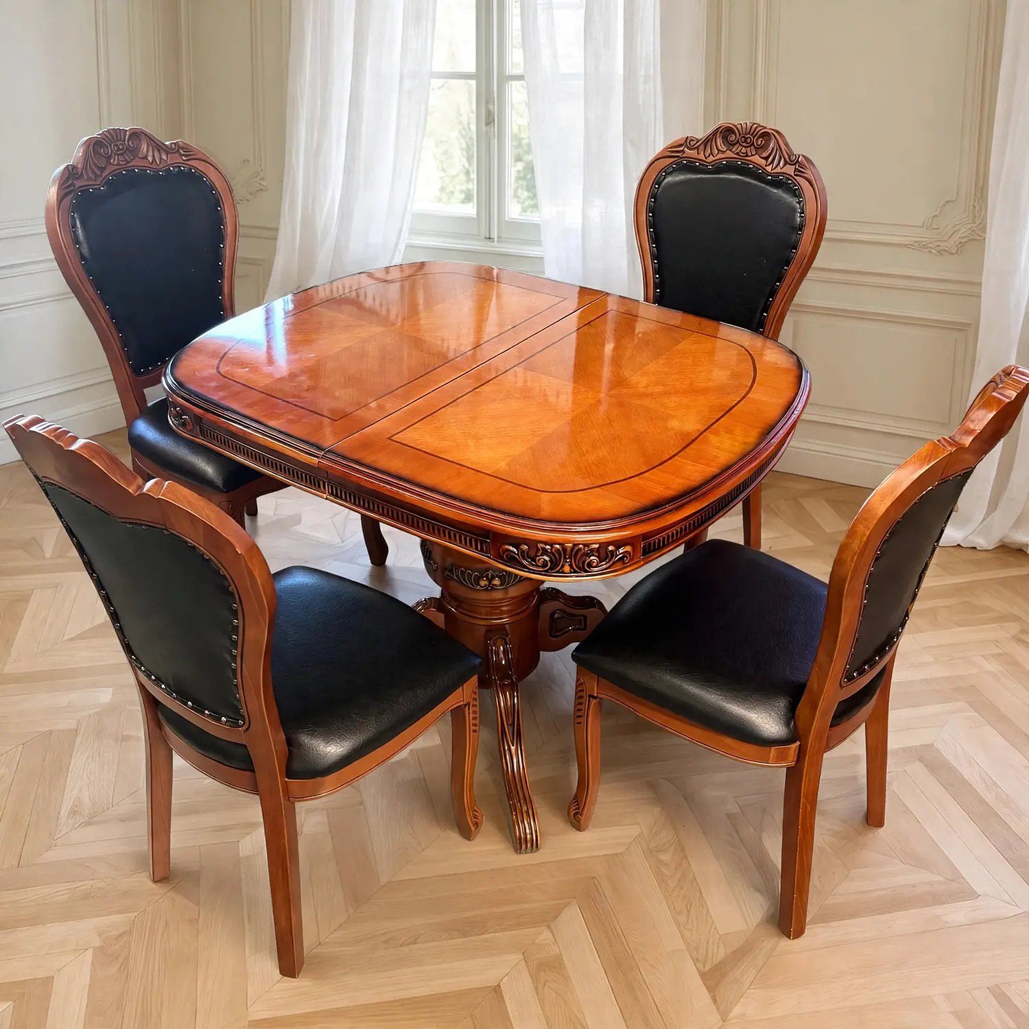 Comedor Extensible Ovalado Royal y 4 Sillas de Madera Roble Americano 1