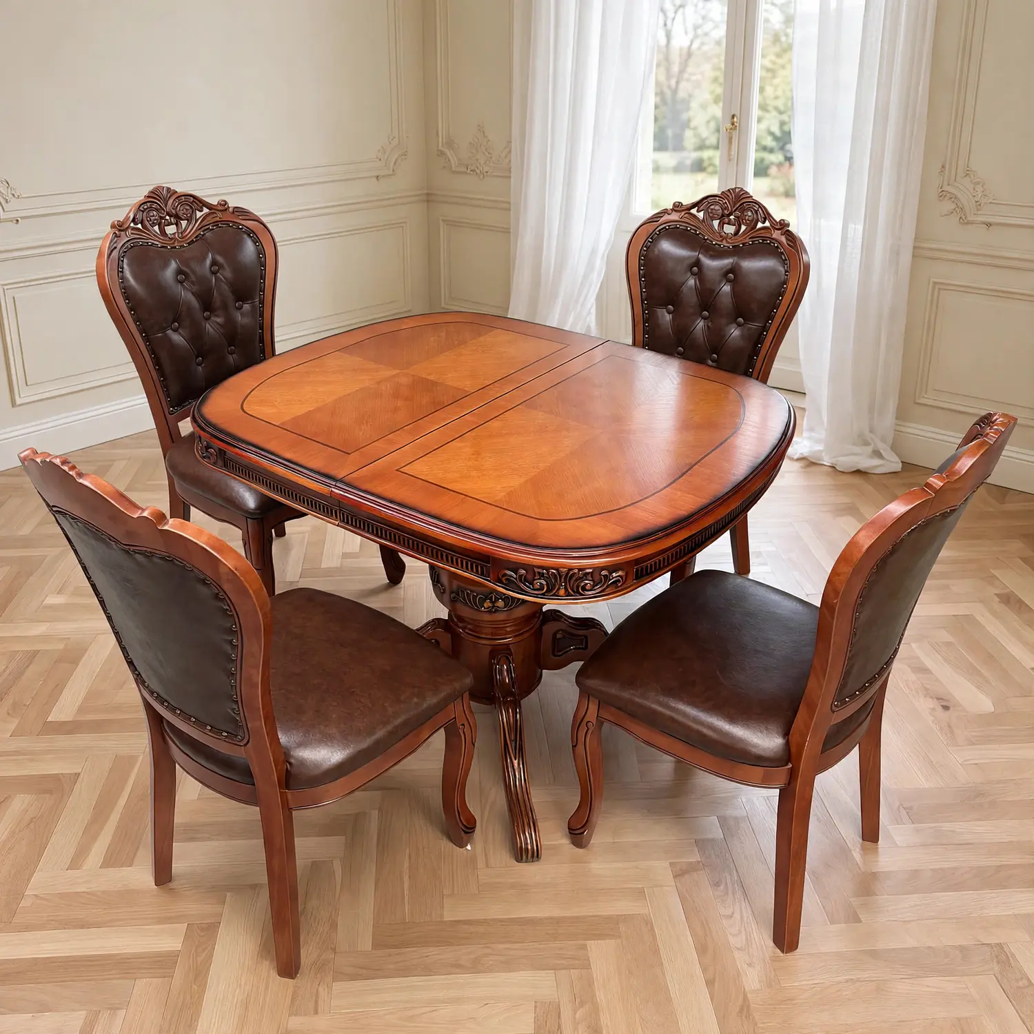 Comedor Extensible Ovalado Royal y 4 Sillas de Madera Roble Americano 43