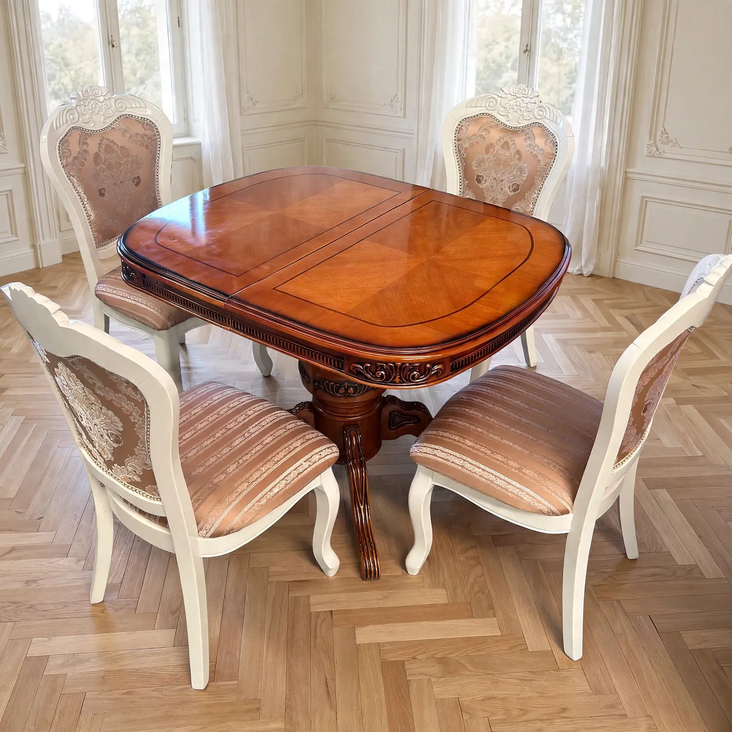 Comedor Extensible Ovalado Royal y 4 Sillas de Madera Roble Americano 22