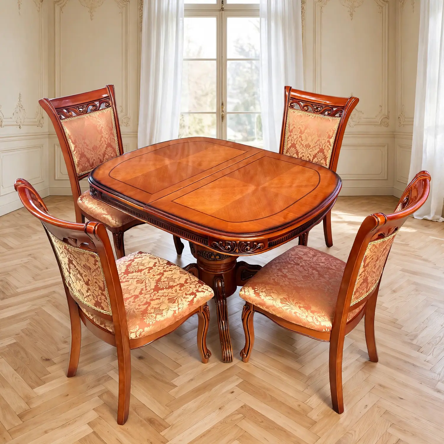 Comedor Extensible Ovalado Royal y 4 Sillas de Madera Roble Americano 25