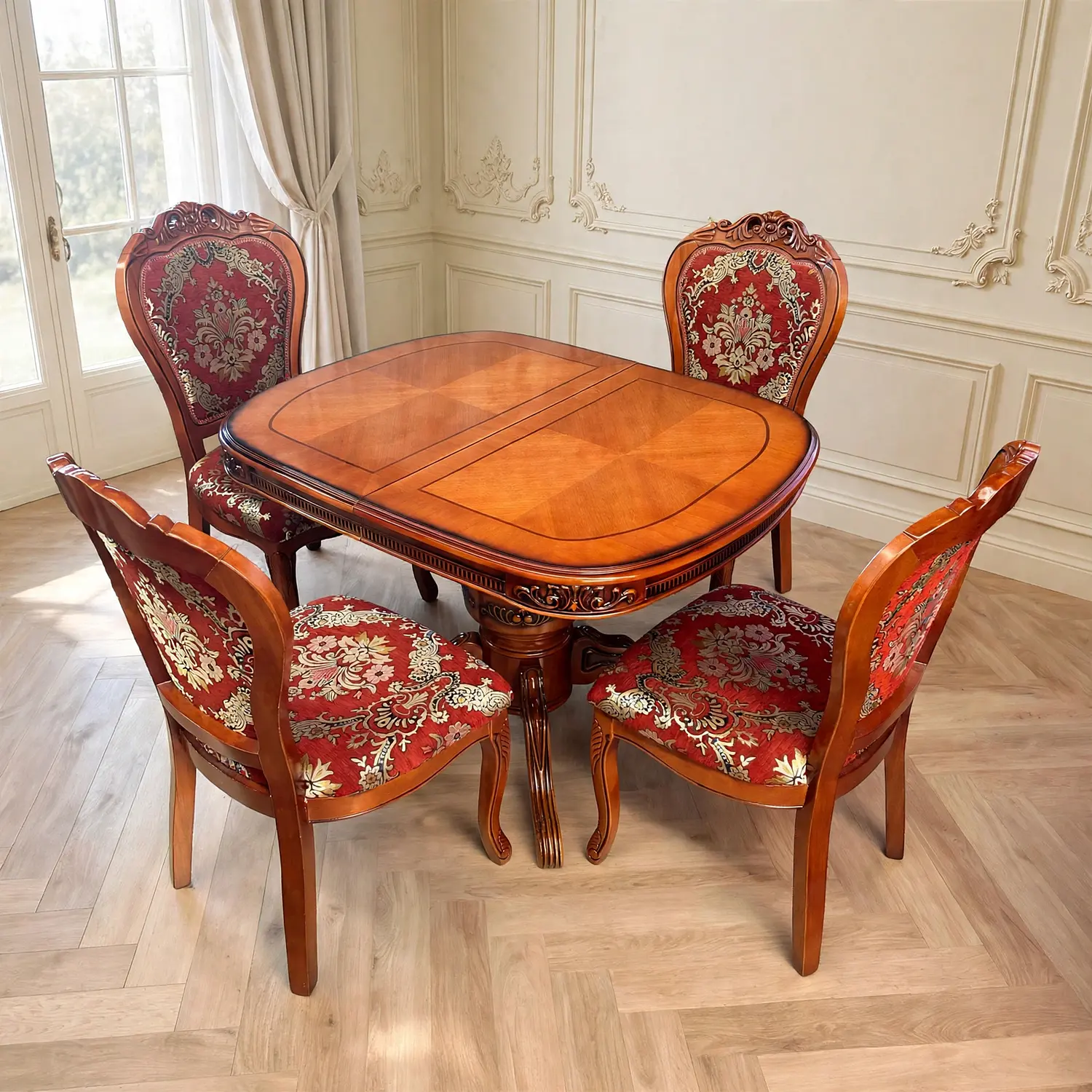 Comedor Extensible Ovalado Royal y 4 Sillas de Madera Roble Americano 34