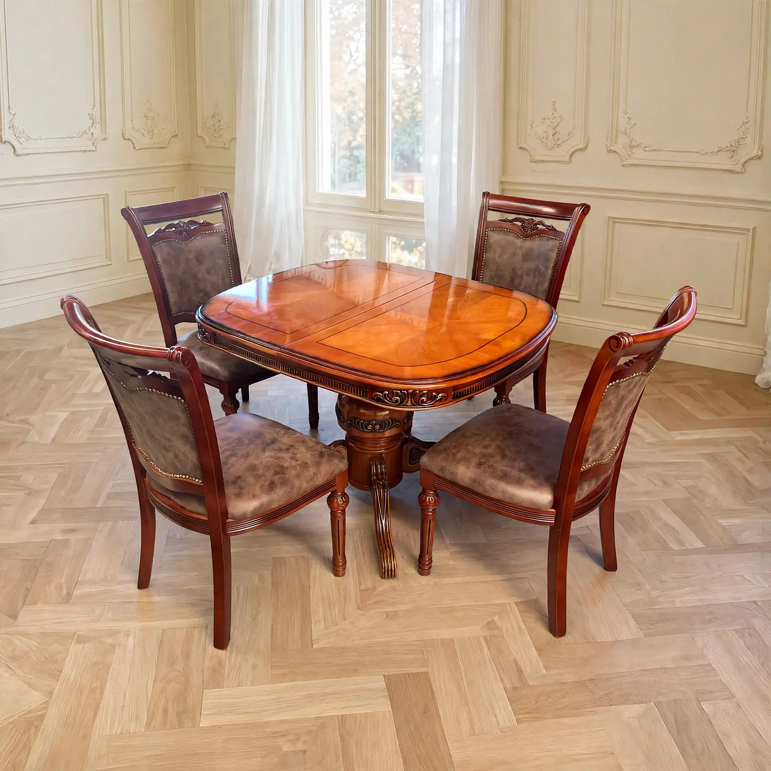 Comedor Extensible Ovalado Royal y 4 Sillas de Madera Roble Americano 31