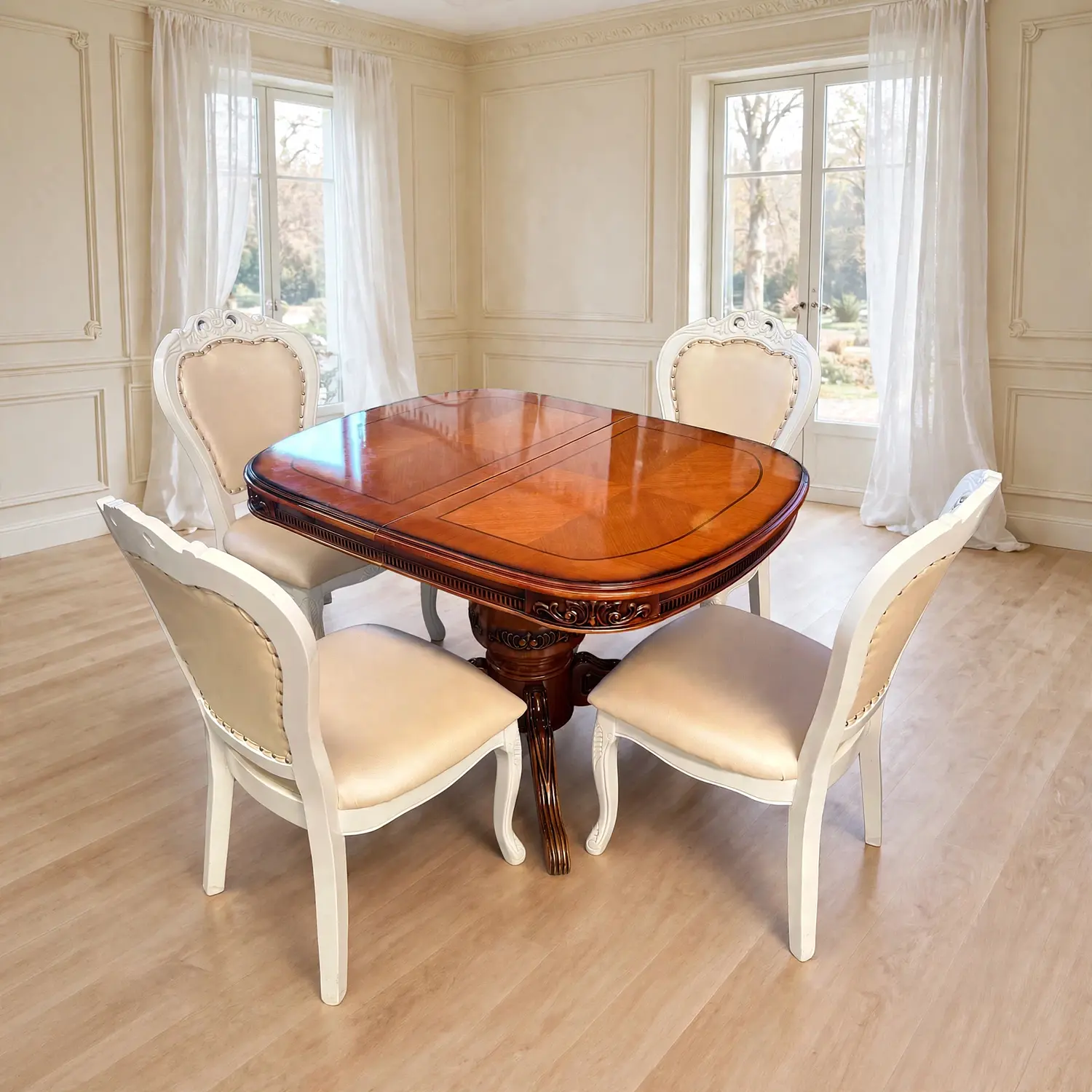 Comedor Extensible Ovalado Royal y 4 Sillas de Madera Roble Americano 40