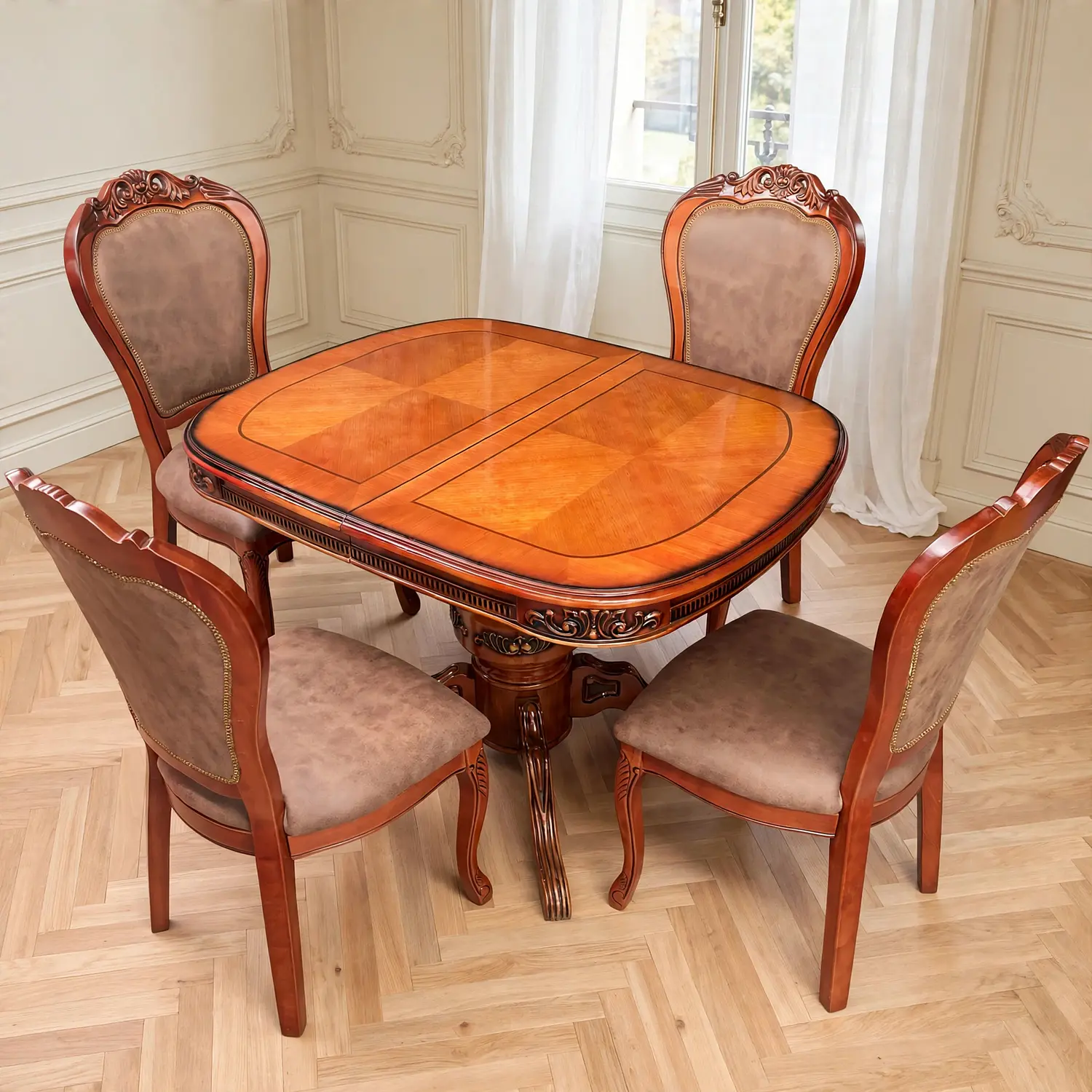 Comedor Extensible Ovalado Royal y 4 Sillas de Madera Roble Americano 16