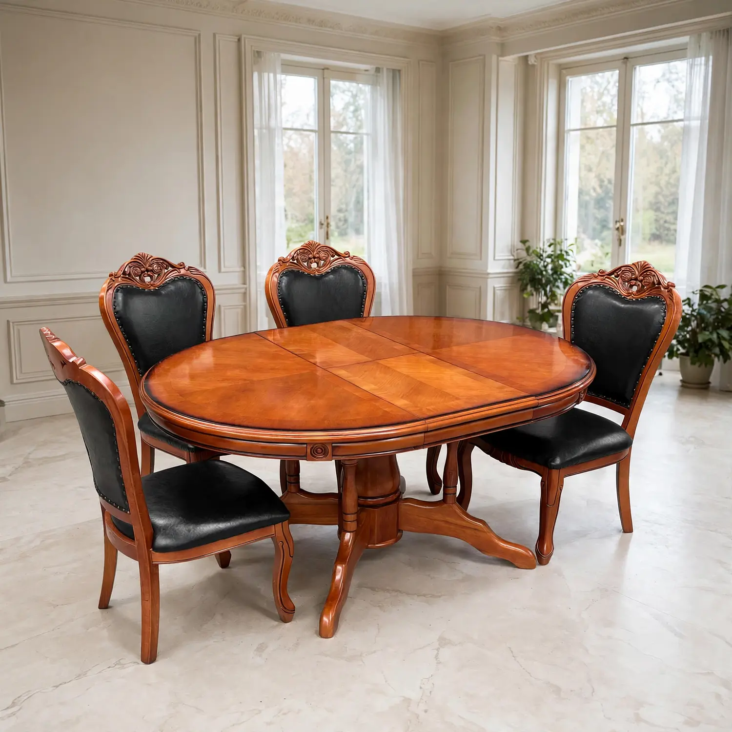 Comedor Ovalado Retráctil y 4 Sillas Madera Roble Americano 4