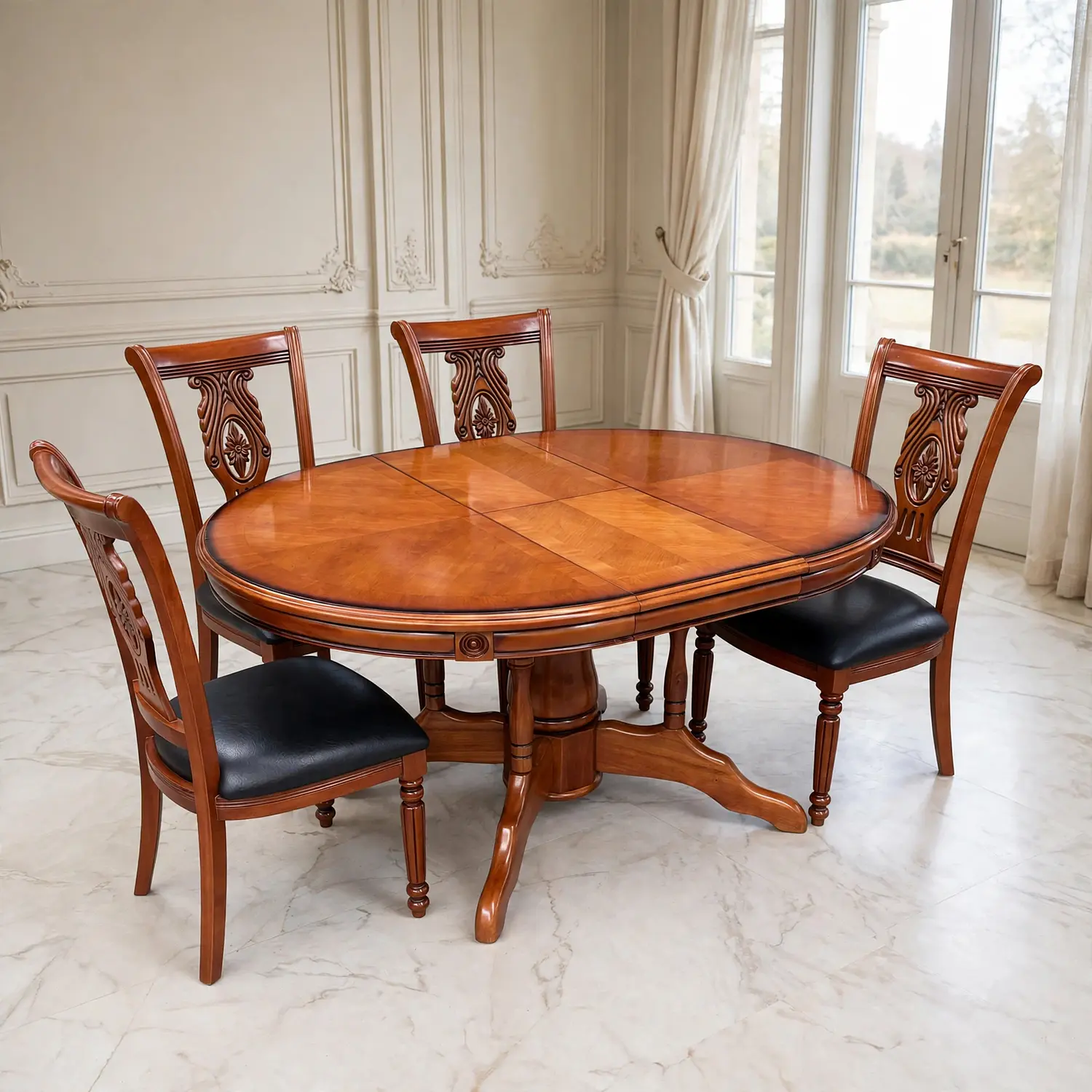 Comedor Ovalado Retráctil y 4 Sillas Madera Roble Americano 7