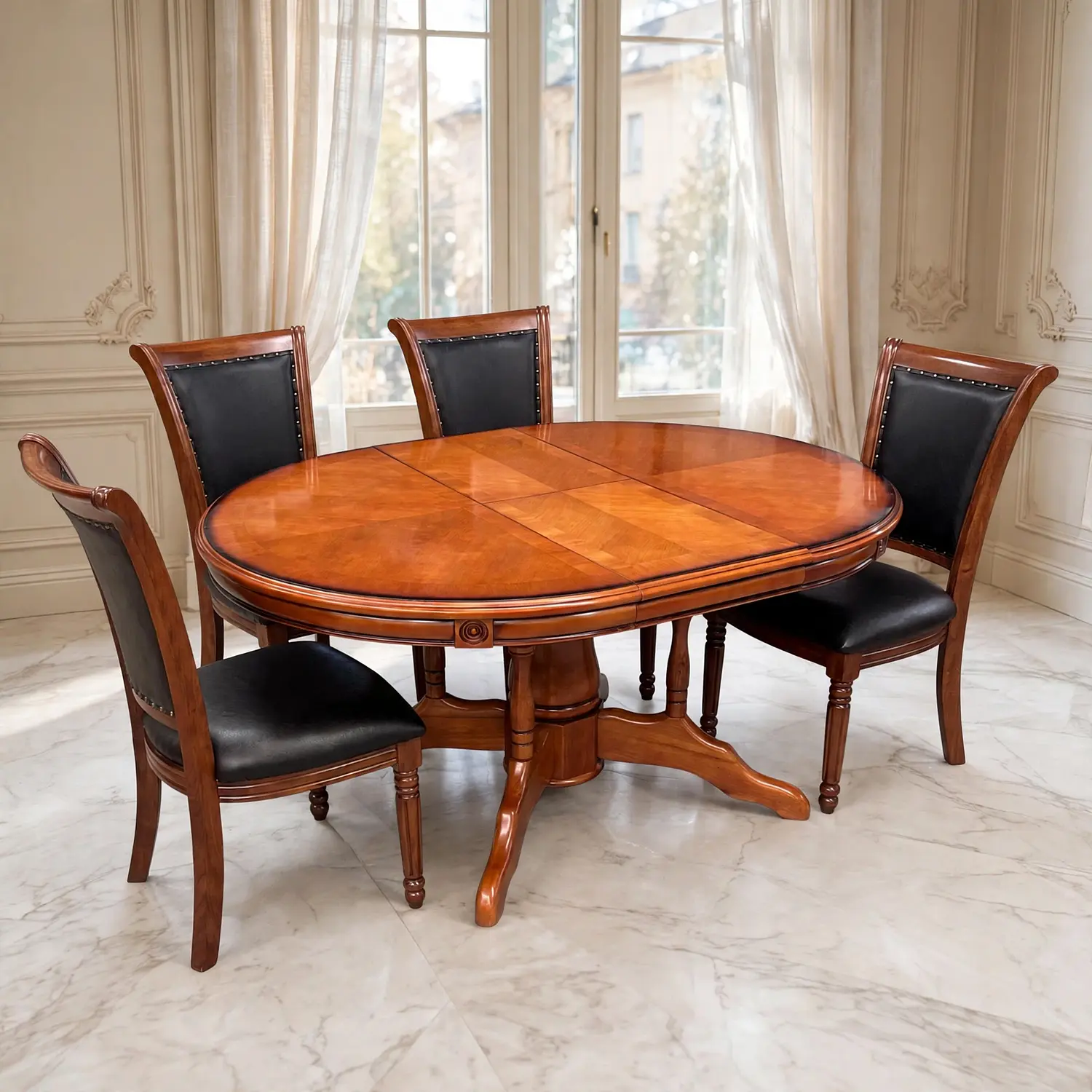Comedor Ovalado Retráctil y 4 Sillas Madera Roble Americano 10
