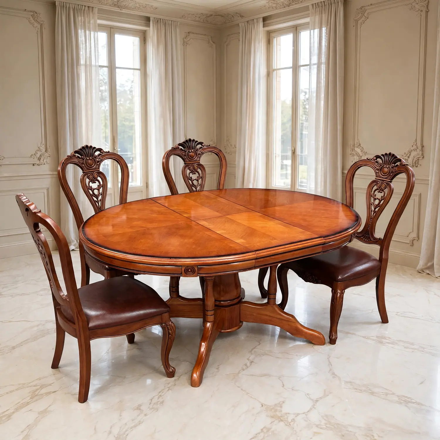 Comedor Ovalado Retráctil y 4 Sillas Madera Roble Americano 13