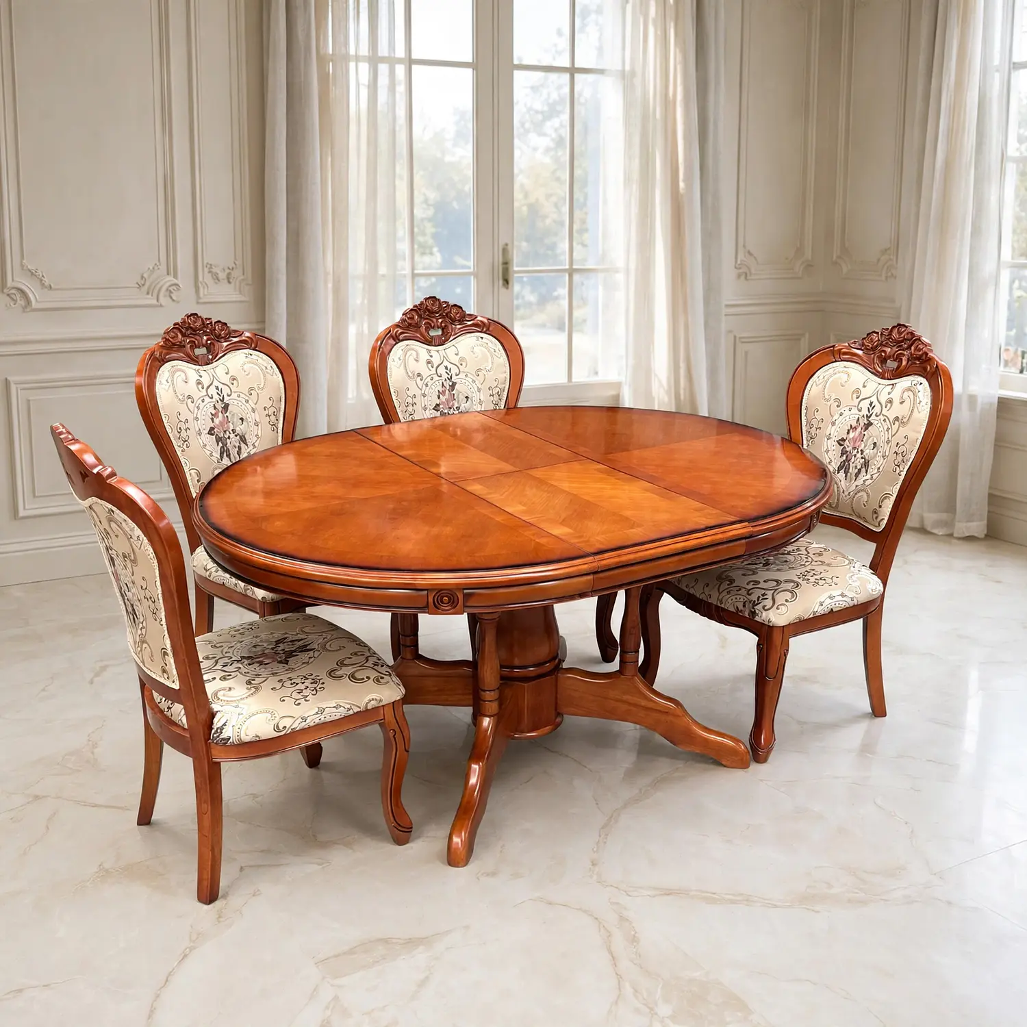 Comedor Ovalado Retráctil y 4 Sillas Madera Roble Americano 16