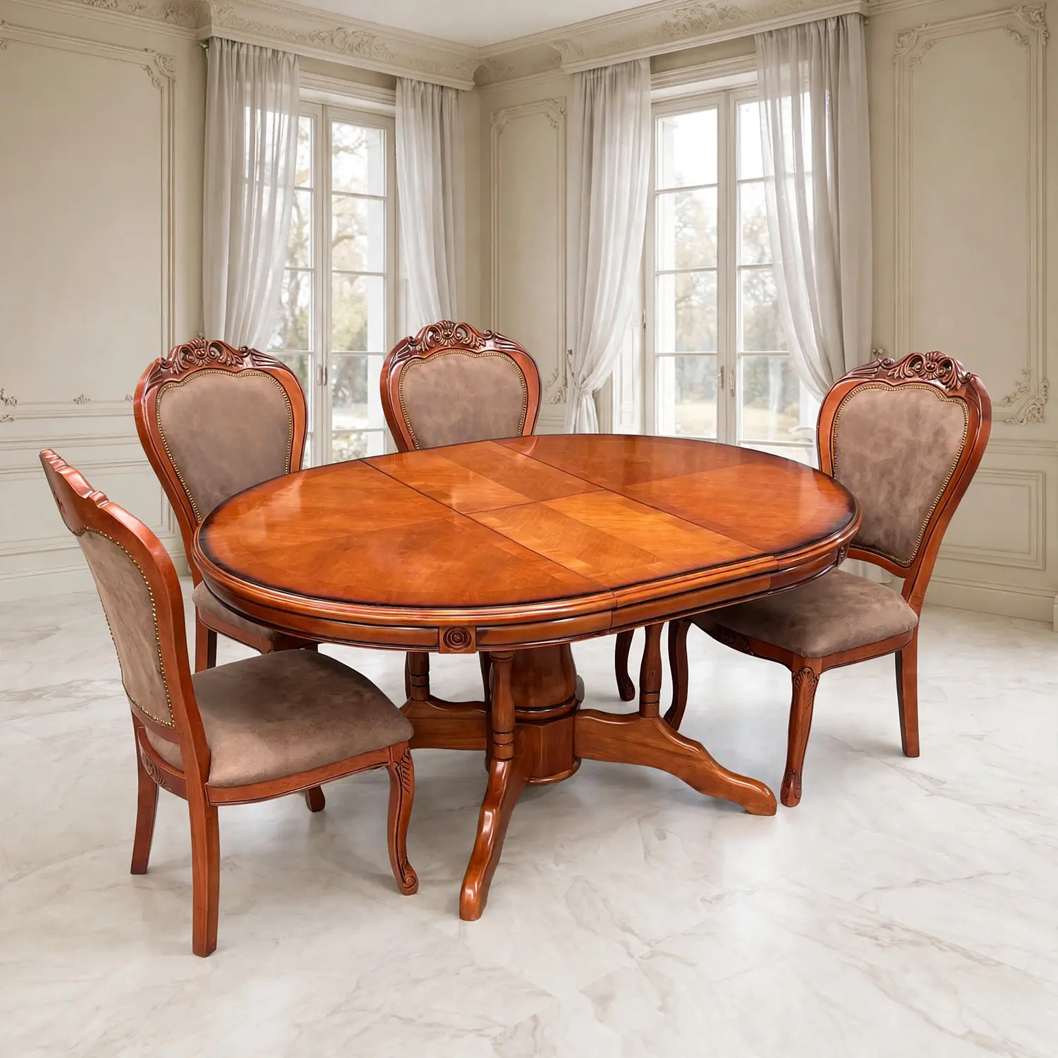 Comedor Ovalado Retráctil y 4 Sillas Madera Roble Americano 19