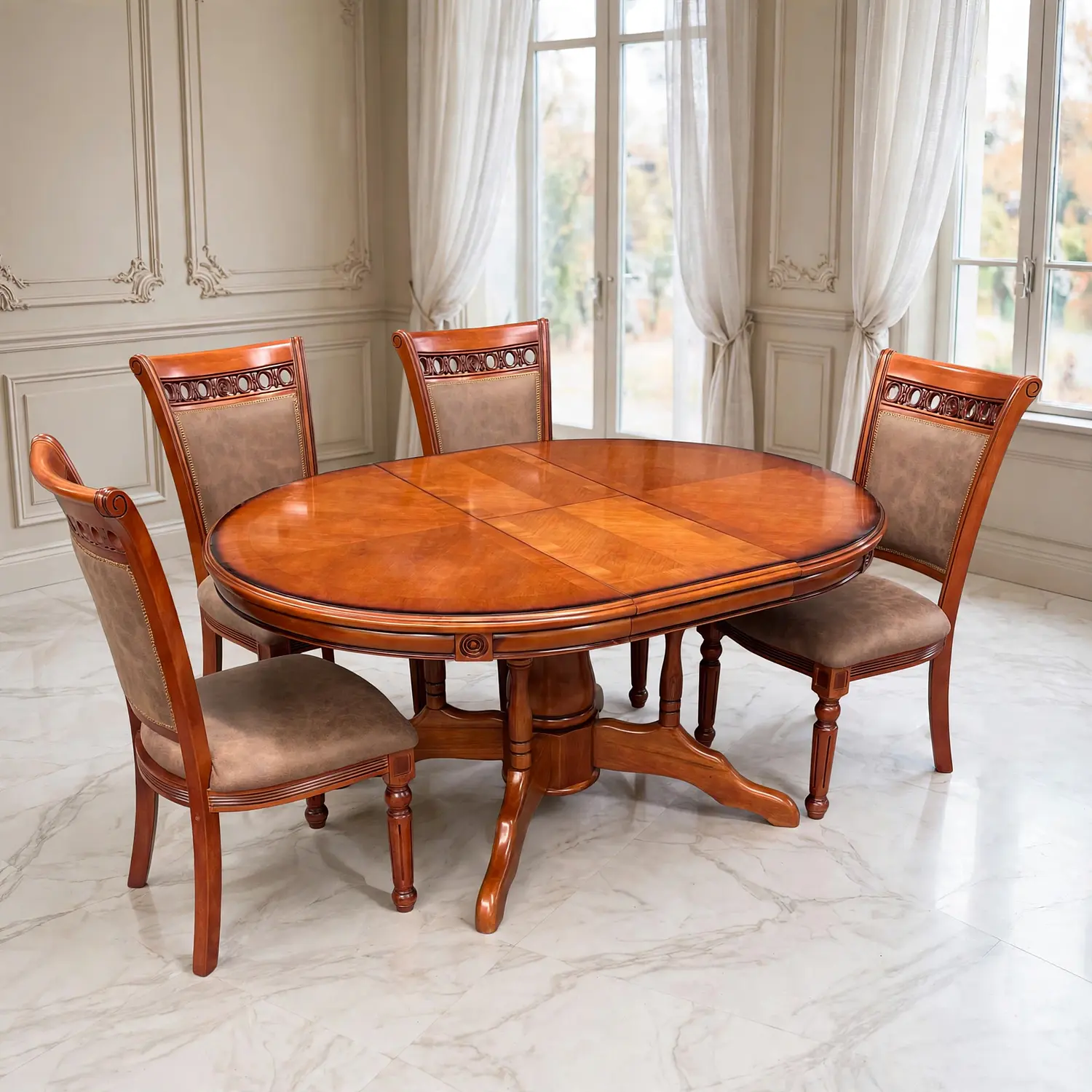 Comedor Ovalado Retráctil y 4 Sillas Madera Roble Americano 22