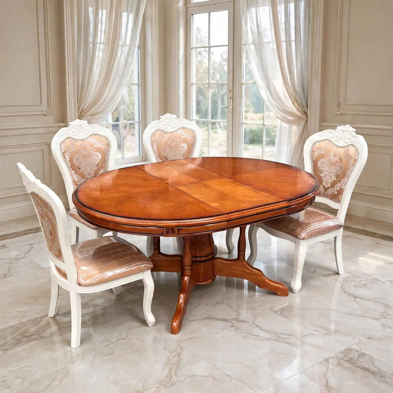 Comedor Ovalado Retráctil y 4 Sillas Madera Roble Americano 25