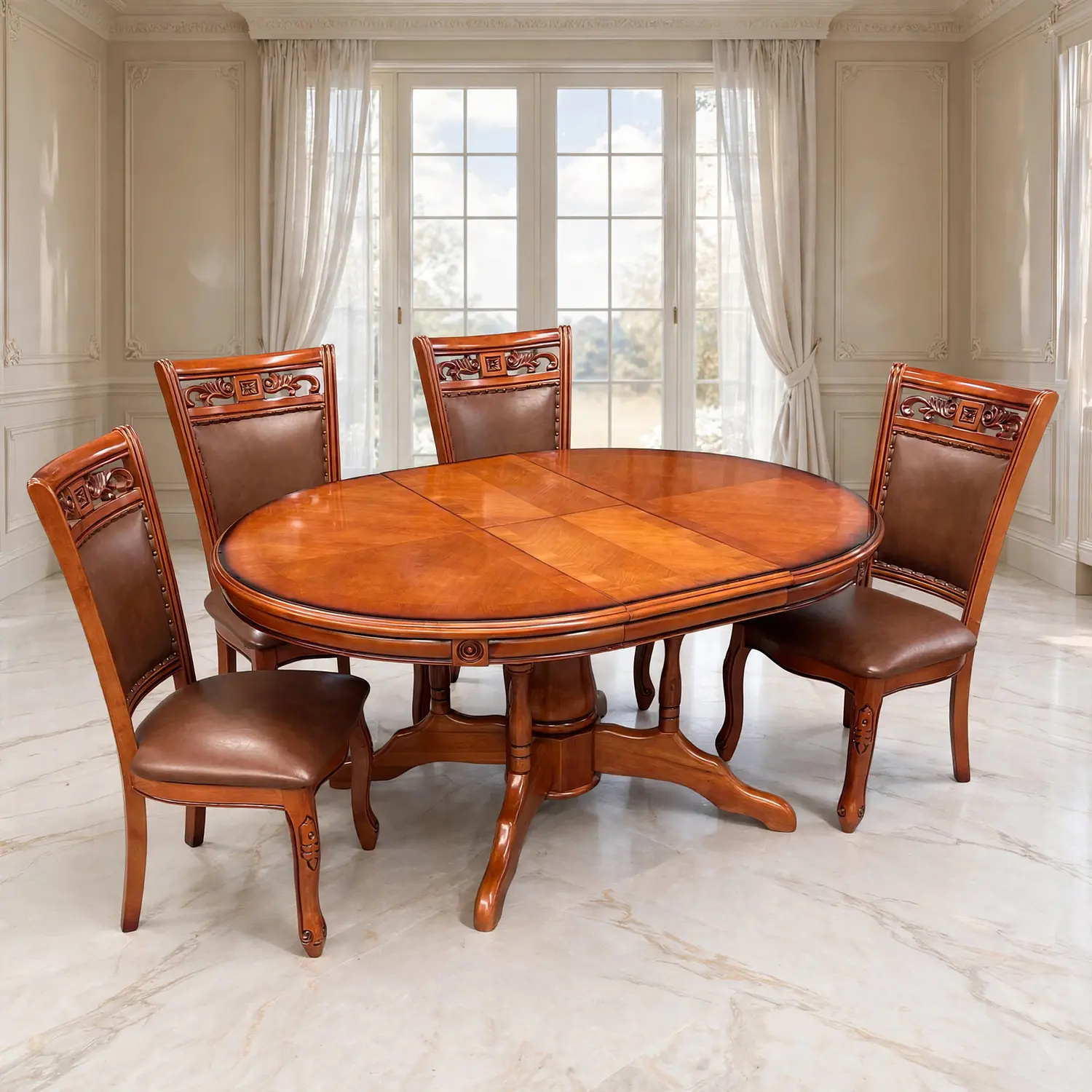 Comedor Ovalado Retráctil y 4 Sillas Madera Roble Americano 31