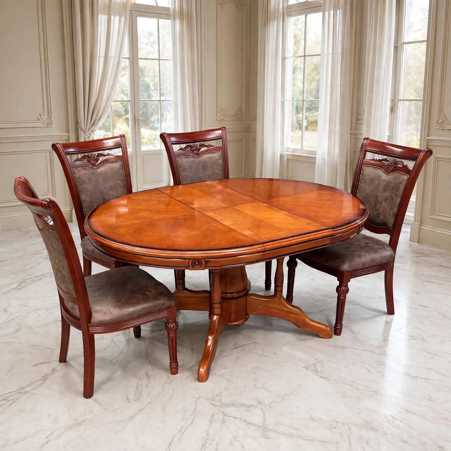 Comedor Ovalado Retráctil y 4 Sillas Madera Roble Americano 34