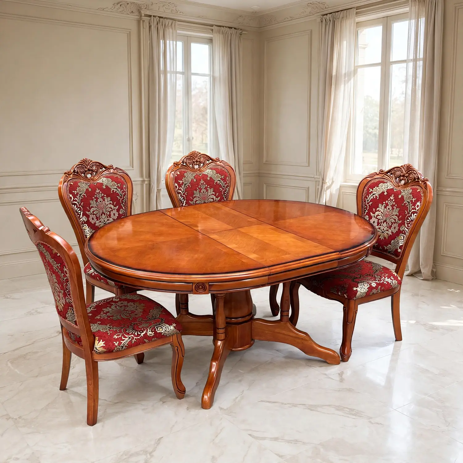 Comedor Ovalado Retráctil y 4 Sillas Madera Roble Americano 37