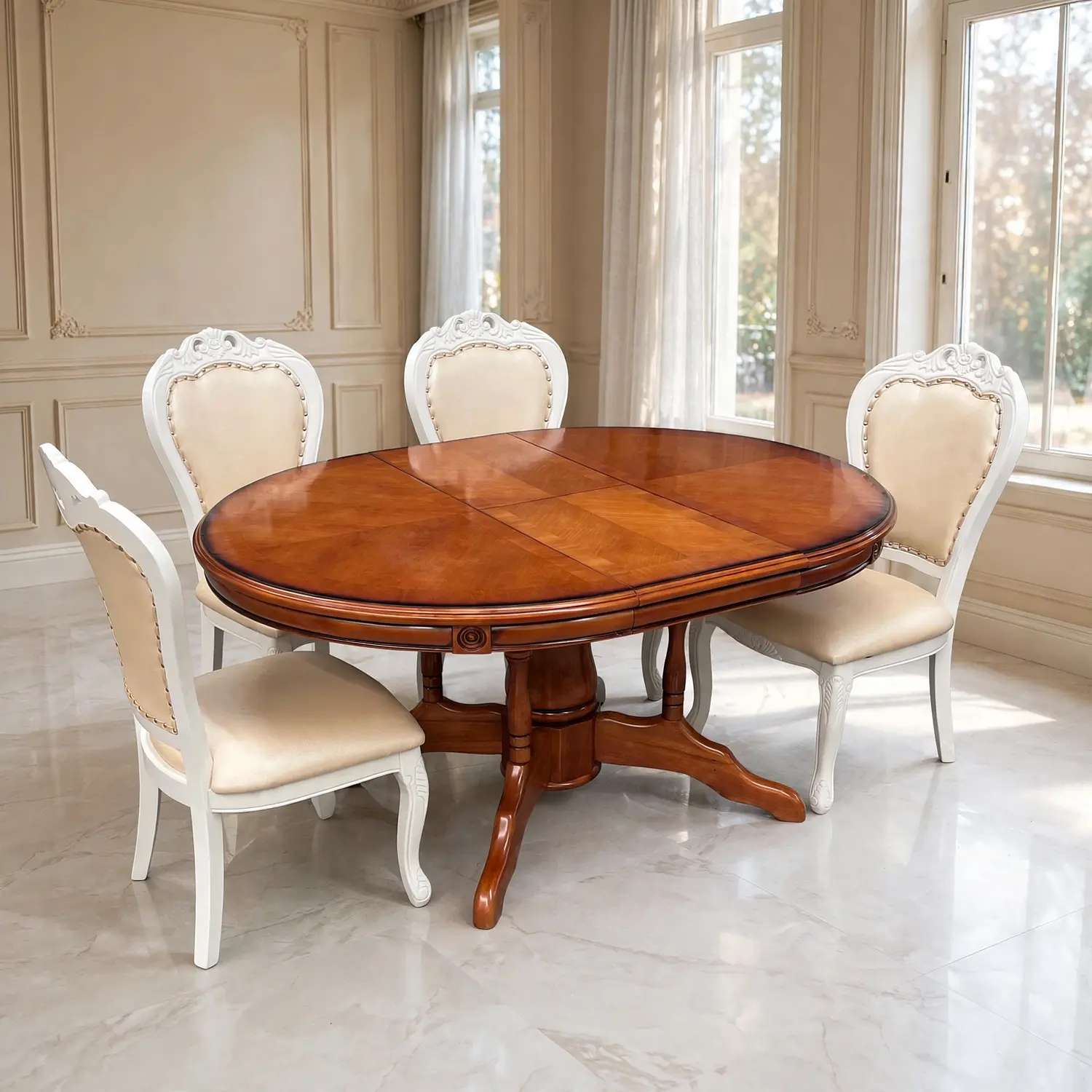 Comedor Ovalado Retráctil y 4 Sillas Madera Roble Americano 40