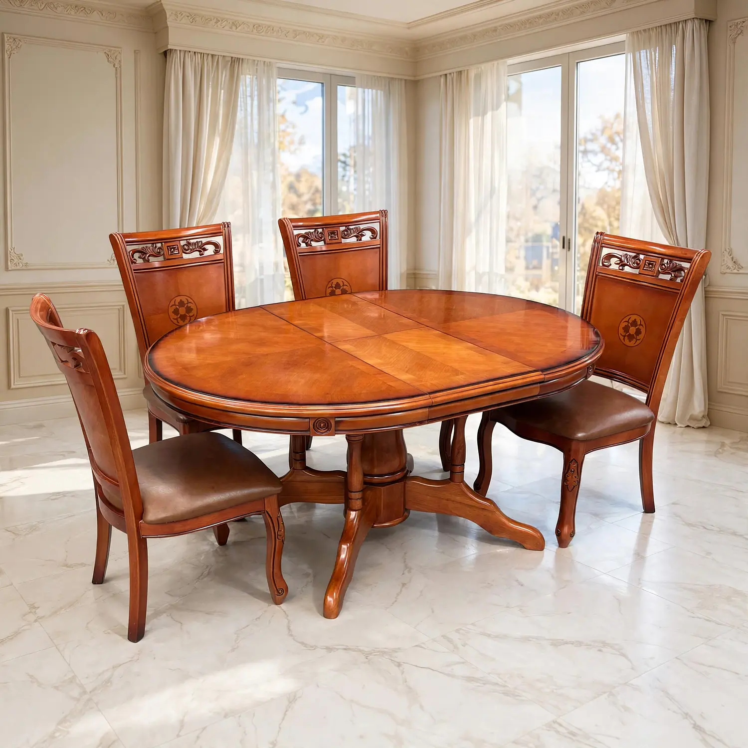 Comedor Ovalado Retráctil y 4 Sillas Madera Roble Americano 43