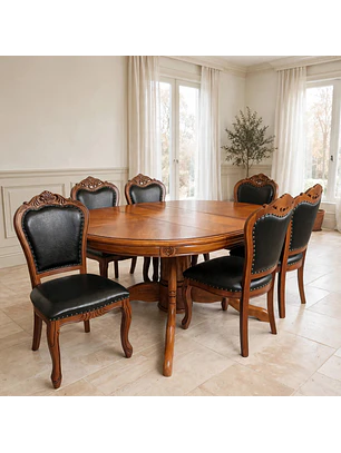 Comedor Ovalado Tallado en Madera Roble Americano 6 Puestos